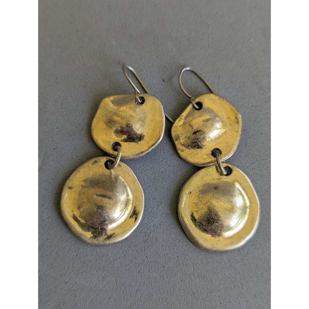 Vintage Hammered Silver Tone Disc Dangle Earrings Modernist Artisan Boho